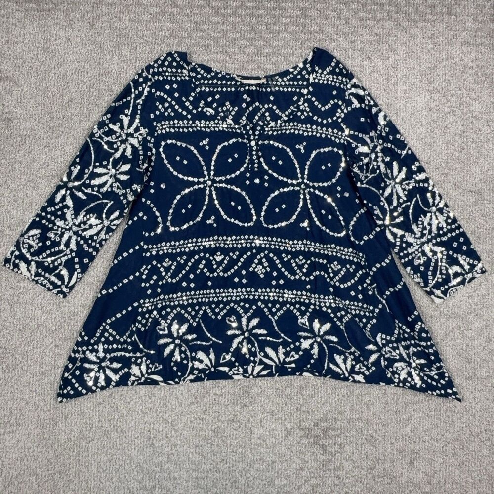 Soft Surroundings Tunic Top Womens Medium Blue Sequin Floral Boho Blouse